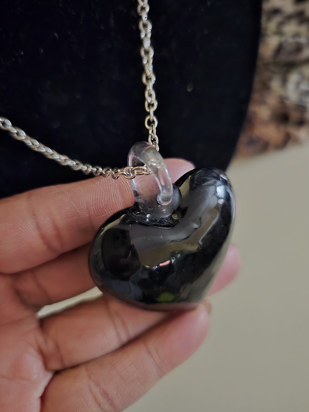 Black Faux Glass Heart Pendant Necklace